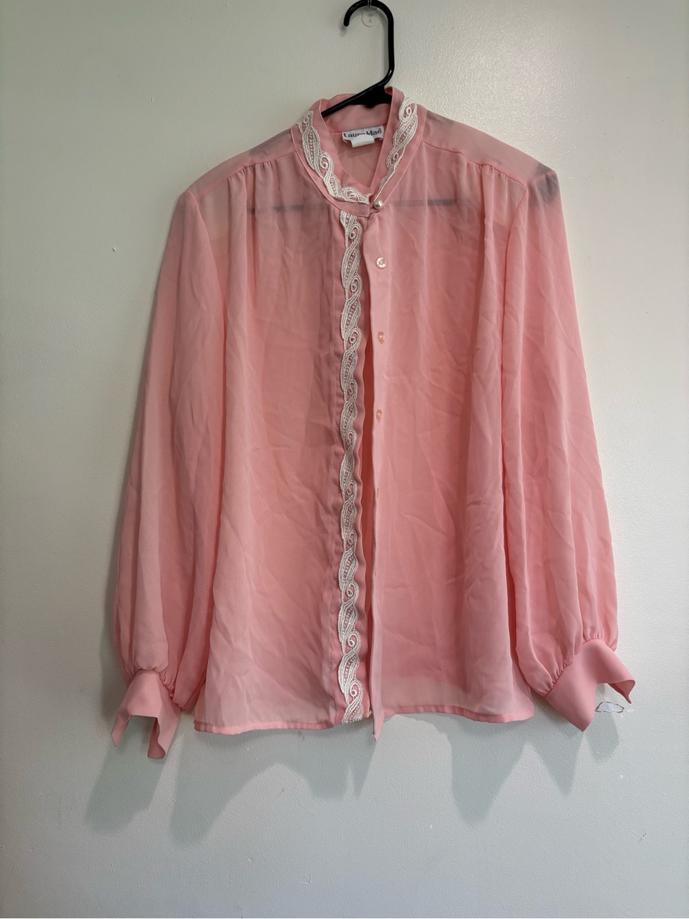 Laura Mae Vintage long sleeve button down pink top size 12 sheer pearl buttons